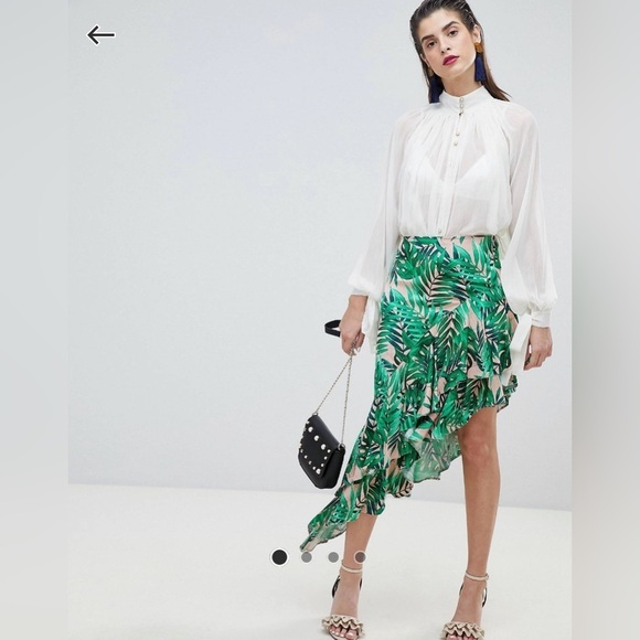 🌴 River Island Green Tropical Satin Skirt | Asymmetrical Ruffle Midi - Picture 1 of 10